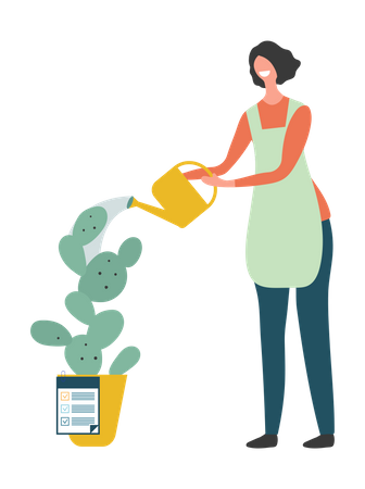 Mujer regando planta de interior  Ilustración