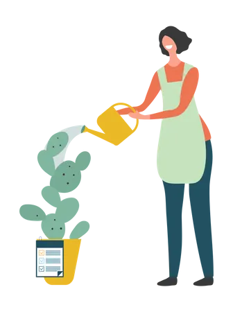 Mujer regando planta de interior  Ilustración