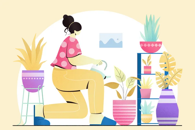 Mujer regando la planta en casa  Ilustración