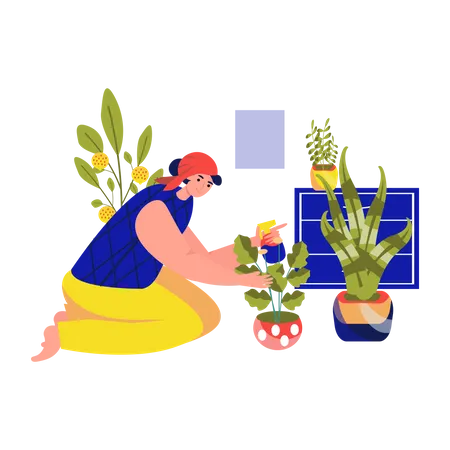 Mujer regar planta en maceta  Ilustración