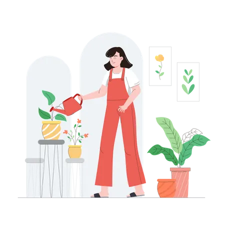 Mujer regando plantas  Ilustración