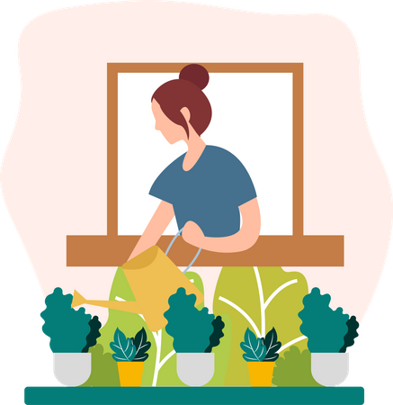 Mujer regando plantas  Ilustración