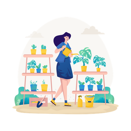 Mujer regando plantas  Ilustración