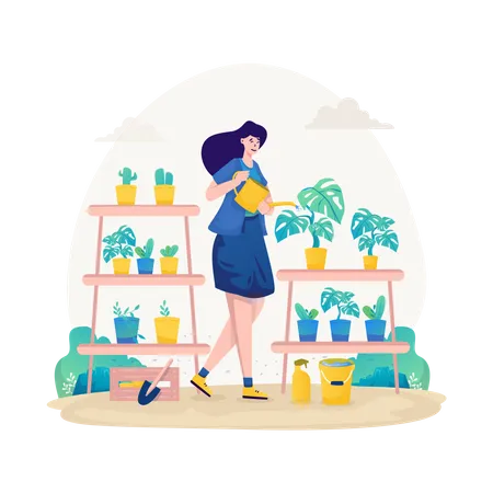 Mujer regando plantas  Ilustración