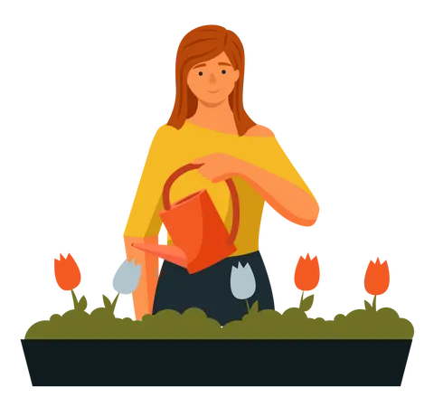 Mujer regando plantas de interior  Ilustración