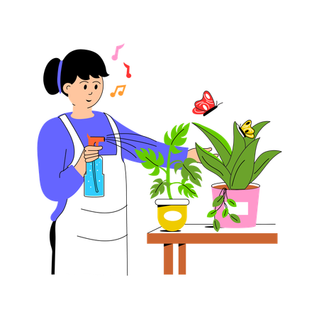 Mujer regando las plantas de la casa  Ilustración