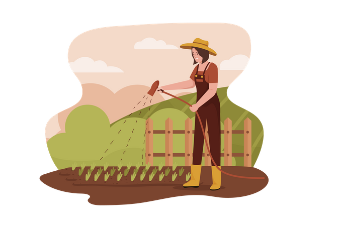 Mujer regando plantas en la granja  Ilustración