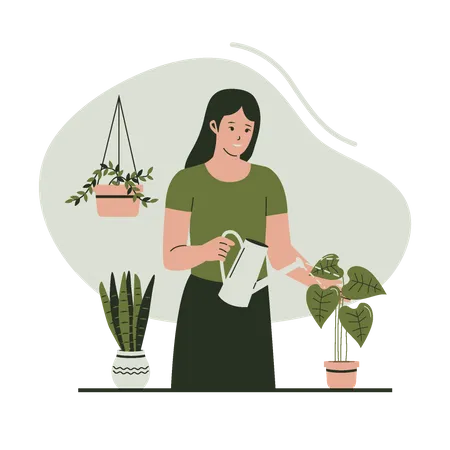 Mujer regando plantas en macetas  Ilustración