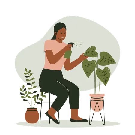 Mujer Regando Plantas En Macetas Ilustración