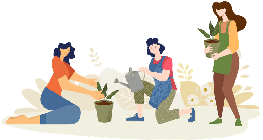 Mujer regando pequeñas plantas en verano.  Ilustración