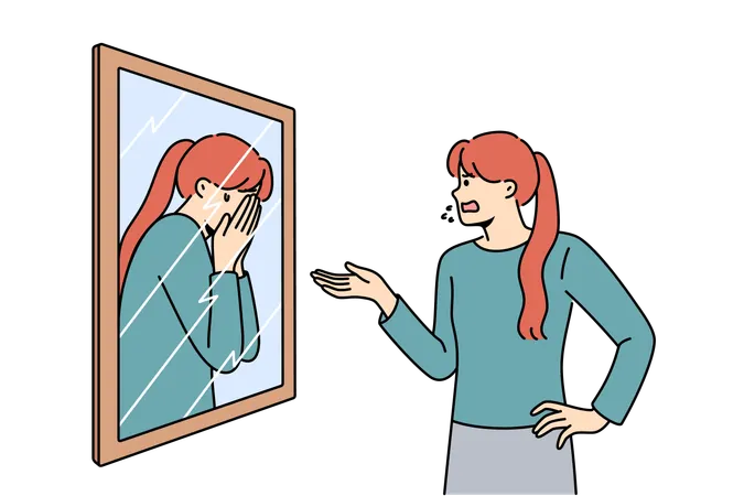 Mujer regañando su propio reflejo en el espejo de baja autoestima y depresión  Ilustración