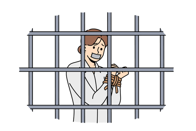 Mujer rehén con las manos atadas de pie dentro de la celda de la prisión y sufriendo debido a la restricción de la libertad  Ilustración