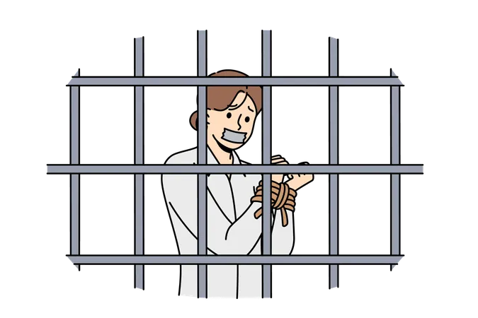 Mujer rehén con las manos atadas de pie dentro de la celda de la prisión y sufriendo debido a la restricción de la libertad  Ilustración