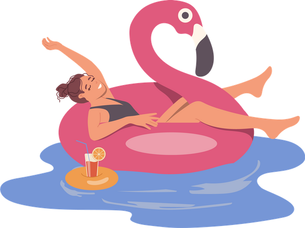 Mujer relajada flotando en un anillo de cisne de goma bebiendo un cóctel mientras descansa en la piscina  Ilustración