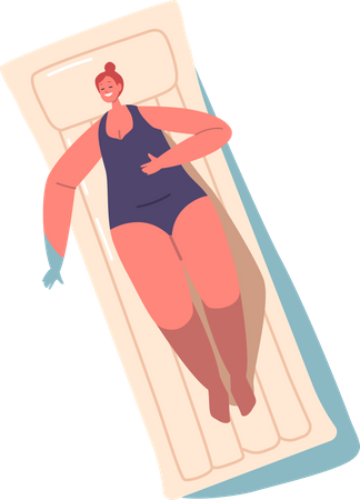 Mujer relajada flotando en un colchón inflable  Ilustración