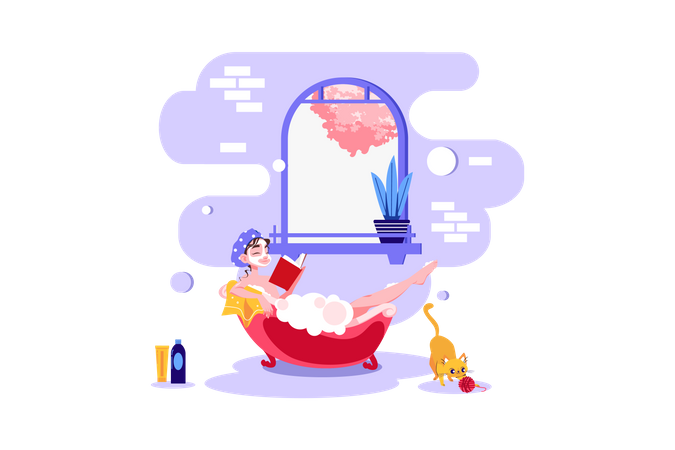 Mujer relajándose en un baño de burbujas y leyendo un libro  Ilustración