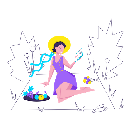 Mujer relajándose en un picnic  Ilustración