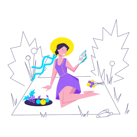 Mujer relajándose en un picnic  Ilustración