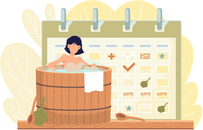 Mujer relajándose en una bañera de agua caliente de madera  Ilustración