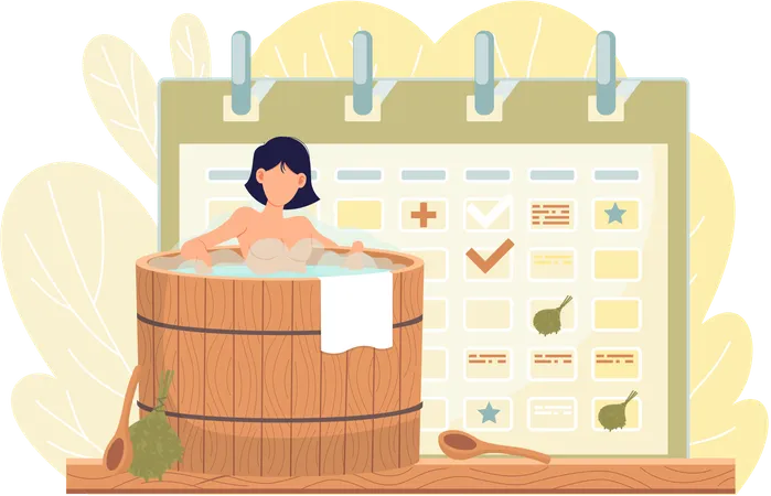 Mujer relajándose en una bañera de agua caliente de madera  Ilustración