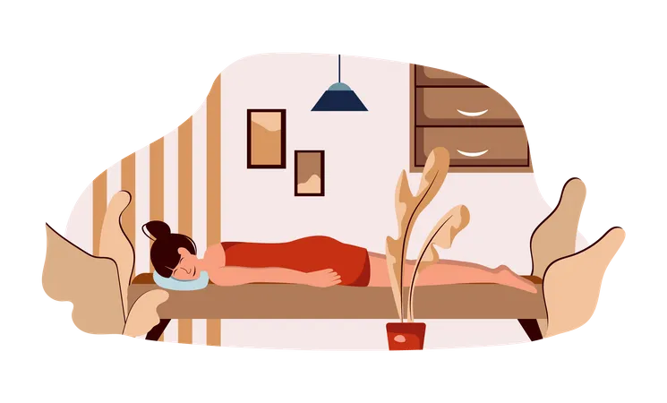 Mujer relajante en la cama del spa  Ilustración