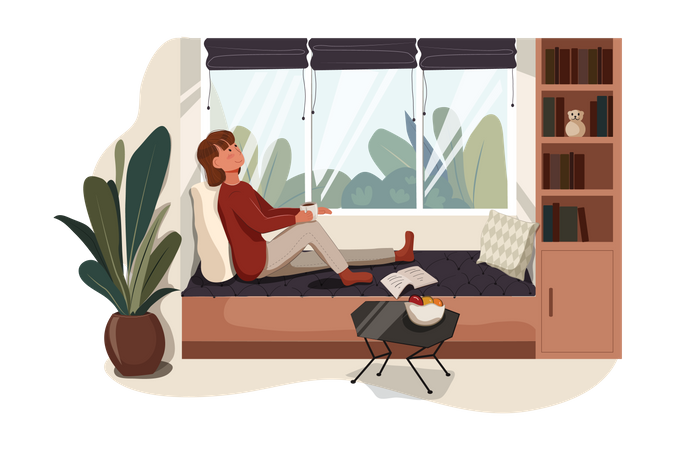 Mujer relajándose en casa  Ilustración