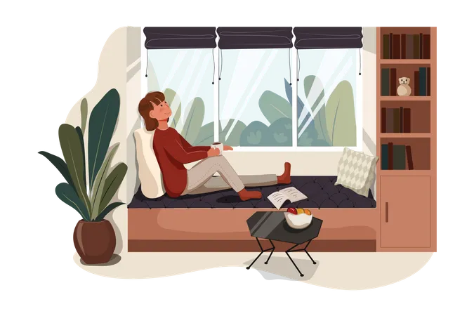Mujer relajándose en casa  Ilustración