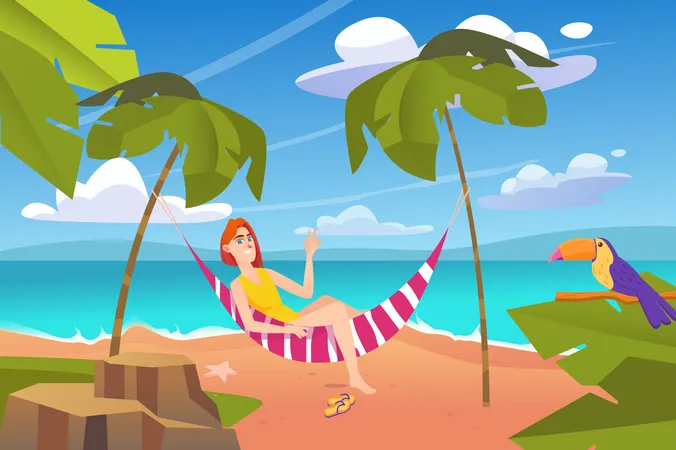 Mujer relajándose en una hamaca  Ilustración