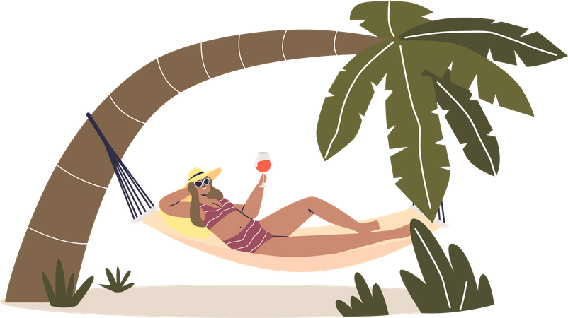 Mujer relajándose en una hamaca con un cóctel de vacaciones  Ilustración