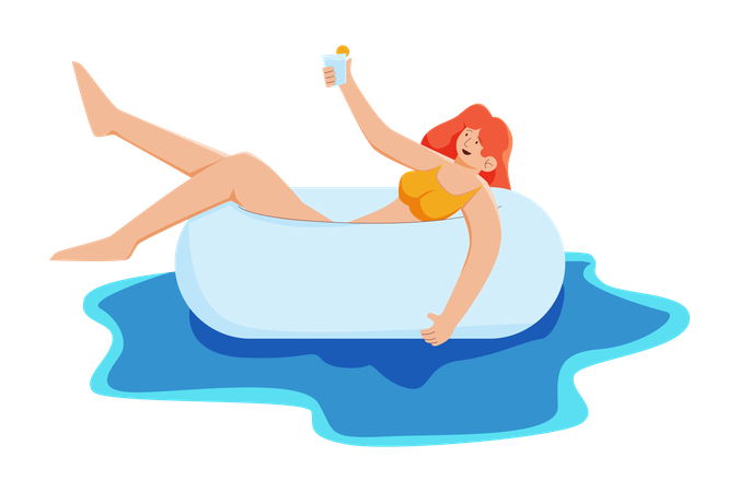 Mujer relajándose en la piscina  Ilustración