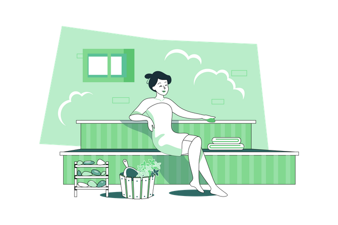 Mujer relajándose en la sauna  Ilustración