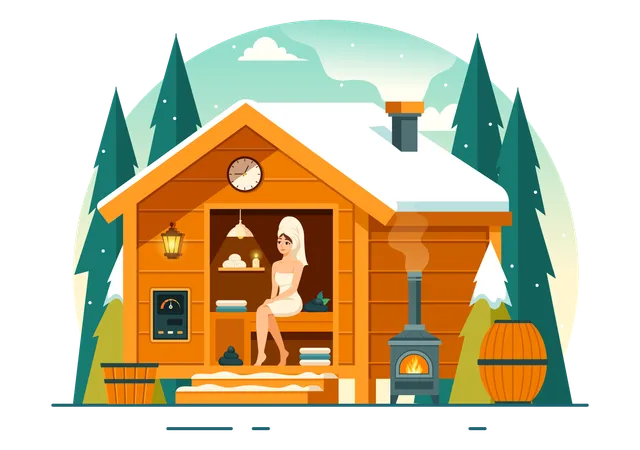 Mujer relajándose en la sauna  Ilustración