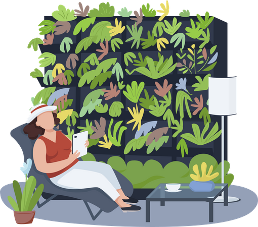 Mujer relajándose entre plantas de interior  Ilustración