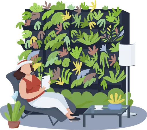 Mujer relajándose entre plantas de interior  Ilustración