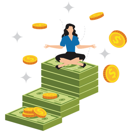 Mujer relajándose y meditando sobre una pila de billetes mientras caen monedas  Ilustración