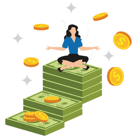 Mujer relajándose y meditando sobre una pila de billetes mientras caen monedas  Ilustración