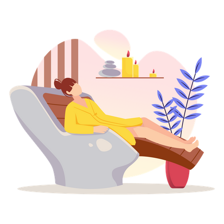 Mujer relajante y recibiendo tratamientos de atención.  Ilustración