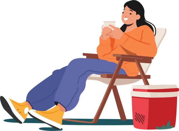 La mujer se relaja en el sofá cama y bebe té  Ilustración