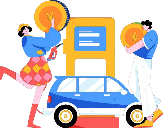 Mujer rellenando el depósito de gasolina del coche  Ilustración