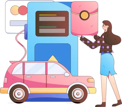 Mujer reposta coche usando tarjeta  Ilustración