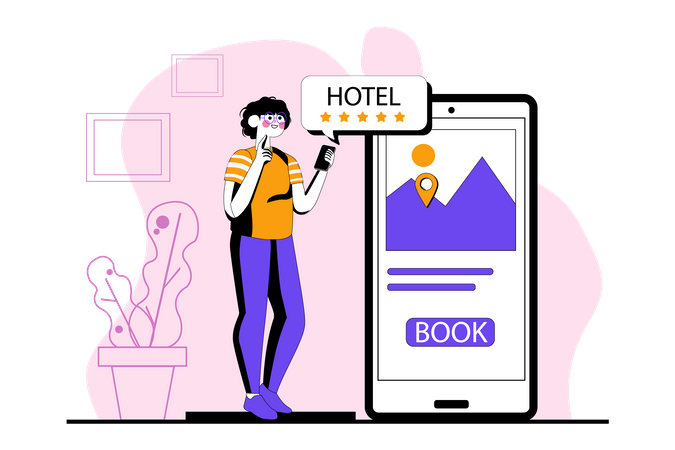 Mujer reservando hotel de 5 estrellas online  Ilustración