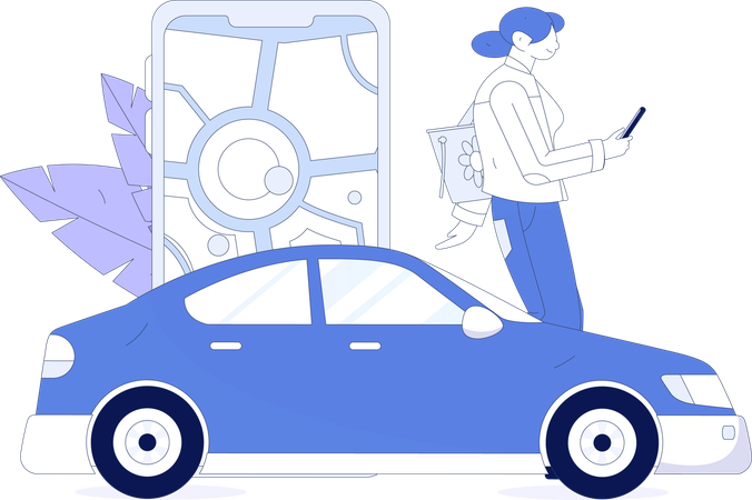 Mujer reservando taxi en la aplicación móvil  Ilustración