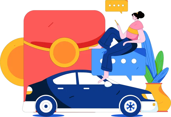 Mujer reserva taxi para viajar  Ilustración