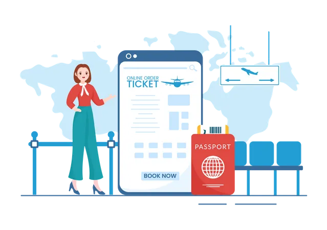Mujer reservando billete de avión usando la aplicación  Ilustración