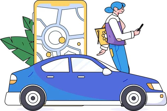 Mujer reservando taxi en la aplicación móvil  Ilustración