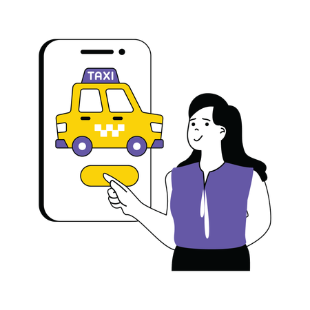 Mujer reservando taxi en aplicación móvil  Ilustración