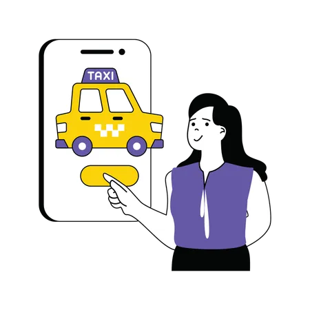 Mujer reservando taxi en aplicación móvil  Ilustración