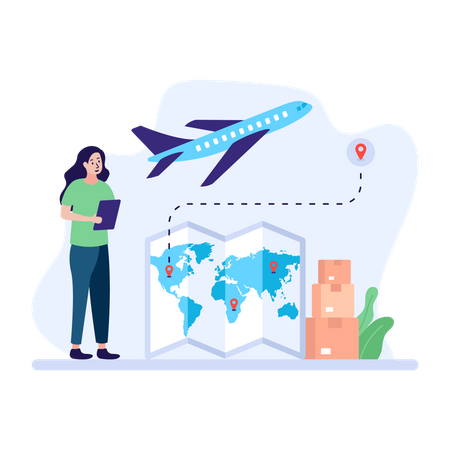 Mujer reservando vuelo y estableciendo destino  Ilustración