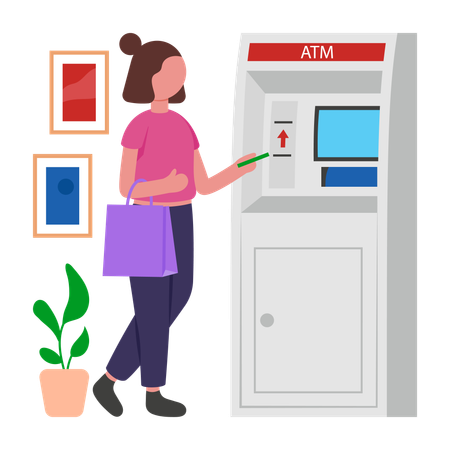 Mujer retira dinero de un cajero automático  Illustration
