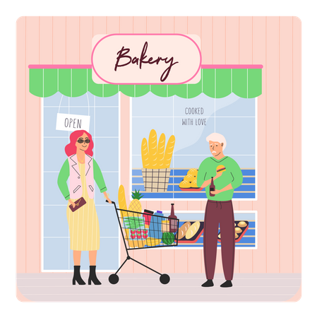 Mujer rica comprando comestibles viendo a un anciano pobre  Ilustración